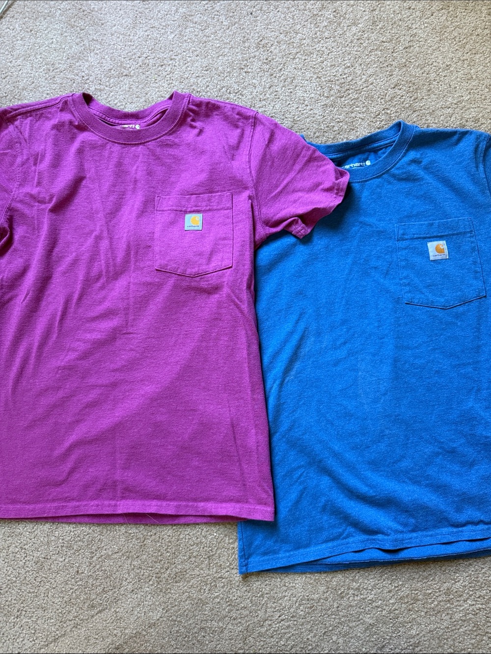 Carhartt Women’s Short Sleeve Pocket Tees in Magenta and Blue